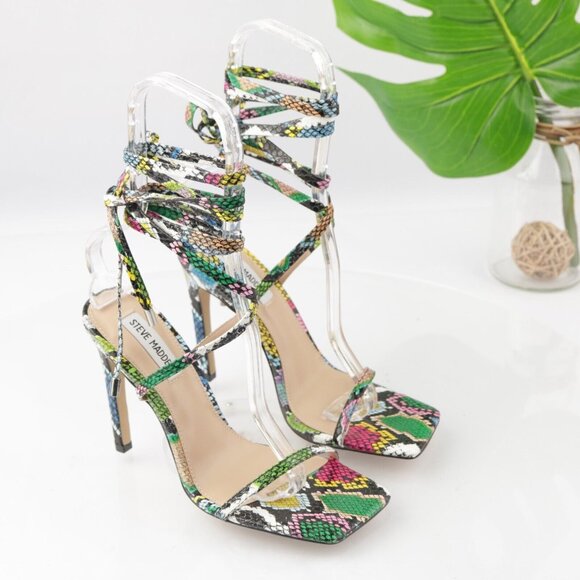 Steve Madden Womens Uplift Sandal Size 7.5 Multicolor Snake Strappy Ankle Wrap - Picture 13 of 13